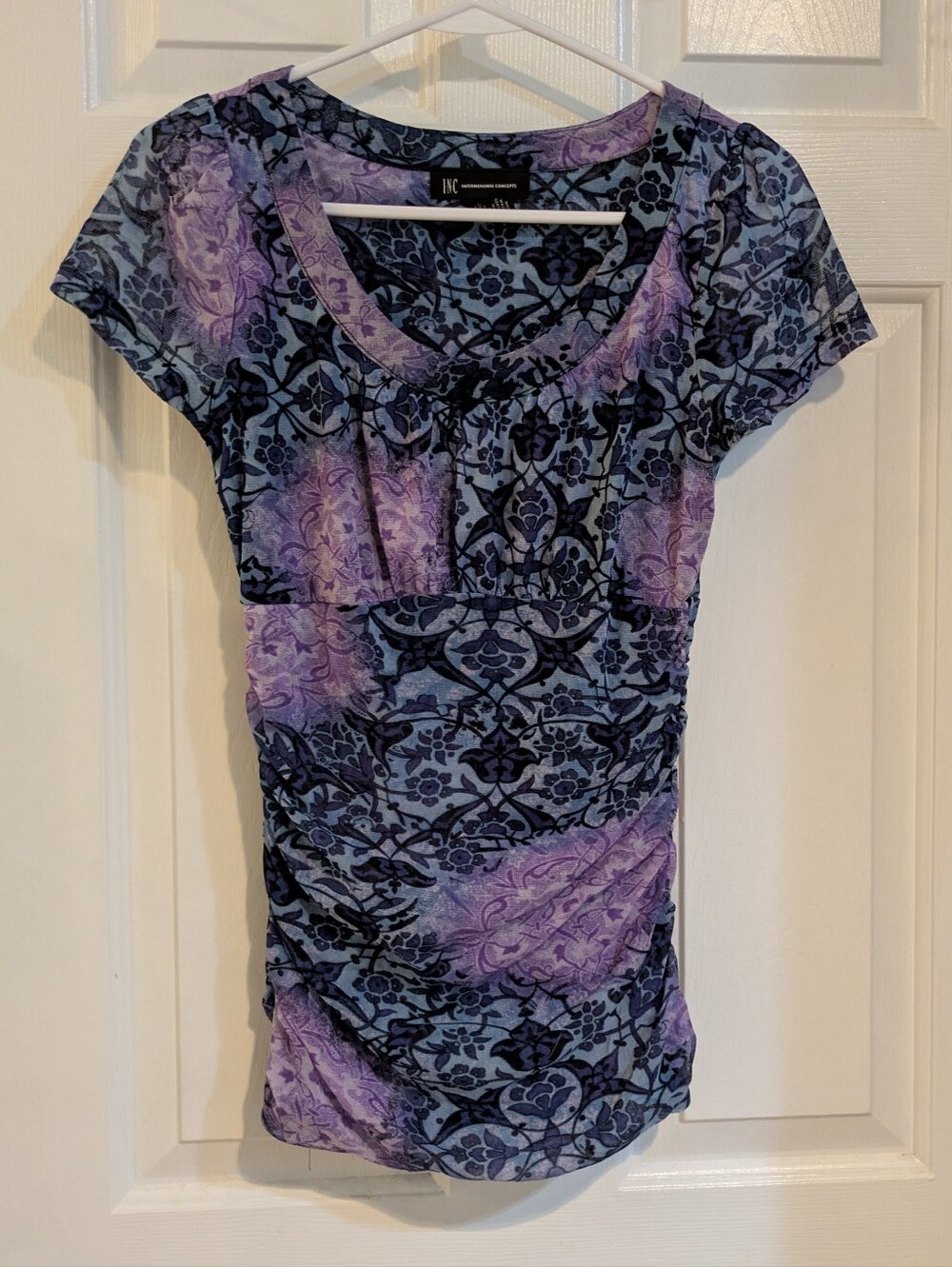 INC International Concepts Blue and Purple Floral Scoop Neck Tee